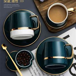 Nordic Luxury Ceramic Coffee Cup with Spoon Solid Green Minimalist Afternoon Tea Cups High Quality Cup and Saucer Set MM60BYD 210409