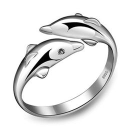 Double Dolphin Love Open Ring Female Dolphin Love Silver Rings