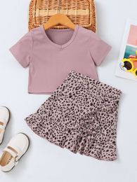 Toddler Girls Solid Tee & Leopard Print Knot Ruffle Hem Skirt SHE