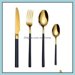 Gold Stainless Steel Flatware Serve Cutlery Knife And Fork Spoon With Black Handle Tableware Dinnerware Drop Delivery 2021 Sets Kitchen Din