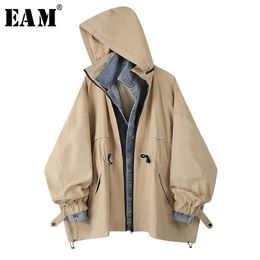 EAM Loose Fit Khaki Denim Split Drawstring Size Jacket Hooded Long Sleeve Women Coat Fashion Spring 1U342 201026