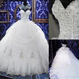 2022 Real Images Arabic Crystal Beaded Gowns Ball Gown Wedding Dresses Strapless Sweetheart Tulle Puffy Wedding Gown Bridal Dress BC9880