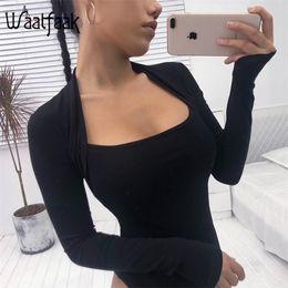 Waatfaak Cotton Plain Black Bodysuit Women Long Sleeve Bodysuit Autumn Slim Office Bodycon Elegant Female Overalls Mujer