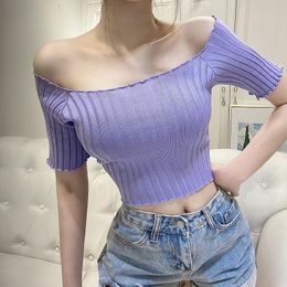 Women Off Shoulder Rib Tee Crop Top Summer Skinny Lettuce Edge Slash Neck Short Square Beach Casual Sexy Slim Tops