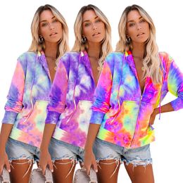 Women's T-Shirt Hoodies Women Zip-Up Turn-Down Collar Tie-Dye Printed Pocket Long Sleeve Europe And America Style Trendy Casual Loose TopWom