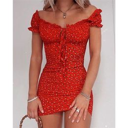 Women Floral Wrap Dress Off Shoulder Tie Up Front Ruffle Mini Dress Summer Office Lady Slash Neck Printed Pencil Dress 220527