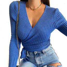 Women Sexy V Neck Wrap Blouse Solid Colour Long Sleeve Slim Ribbed Knitwear Top Women's T-Shirt