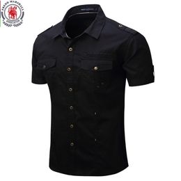 Arrive Mens Cargo Shirt Men Casual Shirt Solid Short Sleeve Shirts Multi Pocket Work Shirt Plus Size 100% Cotton 220401