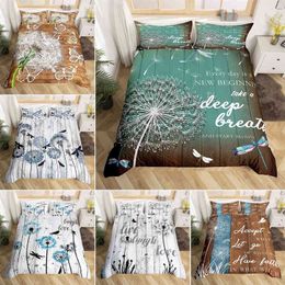 Dandelion Floral Duvet Cover Wooden Plank Farmhouse Comforter Queen for Teen Adults Dragonfly Botanical Weed Bedding Set