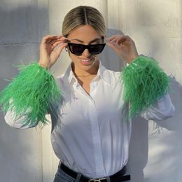 Elegant White Blouse Shirt Women Fashion Long Sleeve Feather on the Cuffs Female Party Blouses Top Lapel Button Up Shirts Top 220719