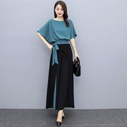 Women's Two Piece Pants Outfits Wide Leg Shirt 2022 Summer Korean Version Casual Foreign Style Culottes Crop Top Set Women