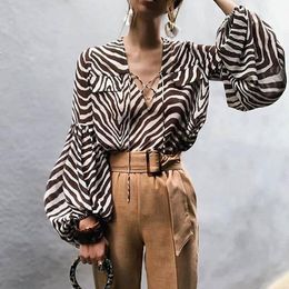 Zebra Stripe Printed Blouses Women Fashion Bell Long Sleeve Shirts Elegant V Neck Tops Balloon Blouse CL01