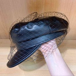 New Fashion Women Black Visor Beret Hat With Fancy Veil Elegant Girl Pu Newspaper Seller Hat Cap For Ladies Merino Winter Autumn Spring J220722