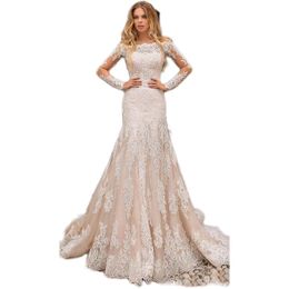 Beautiful Champagne Mermaid Wedding Dresses Off Shoulders Lace Appliques Sheer Long Sleeves Tulle Long Bridal Gowns BC0120168d