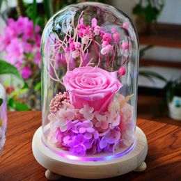 glass gift boxes Australia - Decorative Flowers & Wreaths Diy Everlasting Flower Rose Dried Glass Cover Led Light Gift Box Valentine's Day Creative Birthday PresentD