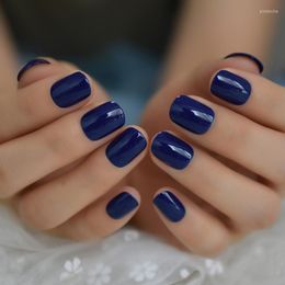 False Nails Short Shiny Nail Dark Blue Elegant Daily Lady Round Fake Smooth Pure Color Manicure Accessories 24Ct Prud22