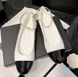 Fashion-Luxury Women Chain Mary Jane Shoes Stitched Flats leather shoe designer Anklet Ladies Banquet round head Wedding Vacation Flat ballet shoes