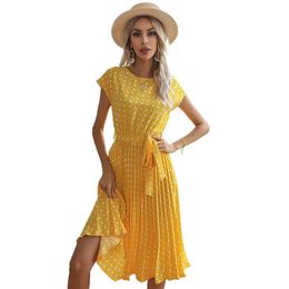 Bohemian Casual Dresses Crew Neck Polka Dot Midi Modest Summer Dress for Women Short Sleeve with Belt