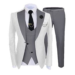 New Popular White 3 Piece Suit Men Wedding Tuxedos Grey Notch Lapel Slim Fit Groom Tuxedos Men Dinner Prom Blazer Jacket Pants Tie Vest 782