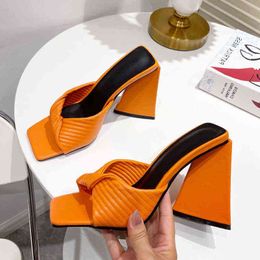 Sandals Orange Black Crimped Women Slipper Sandal Summer Womens Thick Soles High Heels Slide Square Toe Briefs on Mule Shoes 220419