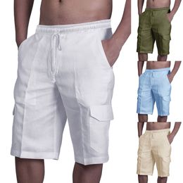 Men's Cotton Linen Shorts Pants Male Summer Breathable Solid Color Linen Trousers Fitness Streetwear Multi-Pocket Cargo Pants