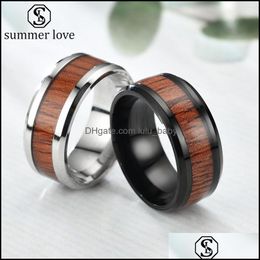 Band Rings Jewellery Valentines Day Nature 8Mm Wood Inlay Polish Mens Ring Black Sier Titanium Steel Wedding Engagement Ri Dhhbn