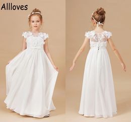 White Flower Girl Dresses For Wedding Cap Sleeves Jewel Neck A Line Little Girl's Pageant Formal Party Birthday Gowns 3D Flowers Lace Kids First Communion Dress CL0479