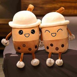 Cartoon Cute 25Cm Bubble Tea Cup Shaped Cushion RealLife Pearl Milk Tea Cuffs Stuffed Soft Back Cushion Funny Fur J220729