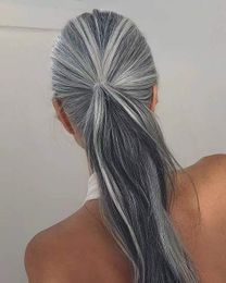 cola de cabello humano Silver line wraps ponytail hairpiece salt and pepper long straight natural highlights Grey pony tail hair extension updo bun chignon 120g 140g