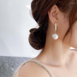 Dangle & Chandelier Korean Exquisite Retro Pearl Earrings Simple Temperament Metal Micro-inlaid Zircon Hoop Fashion Jewellery Kirs22