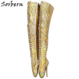 Sorbern Holographic Snake Crotch Thigh High Boots Women Stilettos Ballet High Heels Long Boot Lady Custom Shaft Length Wide Calf