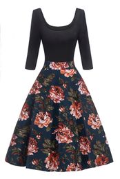 Women Retro Vintage Dress 50s 60s Three Quarter Sleeve Floral Printed Midi Rockabilly Party Dresses Vestidos Vintage FS2727