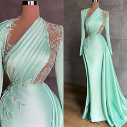 Mint Green Evening Dresses for Women 2022 Elegant Lace Beading Mermaid Prom Gowns Side Split Pleats vestido de novia