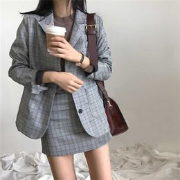 Mozuleva Korea Chic Blazer Coat Plaid Mini Skirt Suit Women Jacket Suit Office Lady Jacket High Waist Skirt 2 Piece Set Women 210706