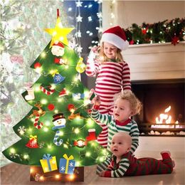 3D Felt Christmas Tree with Christmas Ornaments & 5m LED Light Artificial Tree Wall Hanging Ornaments Xmas Home Decoration T200331