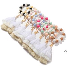 Bead Wood Bracelet Jewelry Silicone Beaded Tassel Beaded Keychains Colorful Fringe Bracelets Bangle Wrist Key Ring Pendant Bag JLF14439