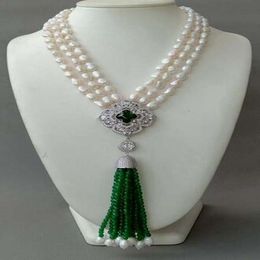 3 Strands White baroque Pearl Necklace CZ pave flower Green Jade Pendant tassel