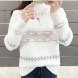 Women's Hoodies Sweatshirts Autumn Women Fashion Half Turtleneck Sweater Loose Casual Patchwork Faux Mink Fur Cashmere Knitting Pullovers W534 230206