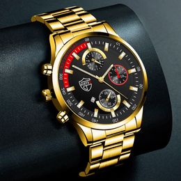 2022 Fashion Mens Gold Stainls Steel Watch Luxury Men Busins Casual Leather Quartz Watch Luminous Clock Relogio MasculinoAJWU