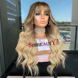 Transparent Lace Body Wave Ombre Creamy Blonde 100% Human Hair Lace Front Wig with Bang 30 Inches Fringe 13x6 Lacea Frontal Wigs