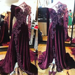 Grape Velvet Arabic Prom Dresses Long Sleeve Lace Floral Front Slit Kaftan Caftan Evening Gowns abiye elbisesi 2022