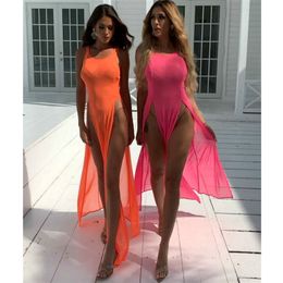 Bikini Cover Ups Women Mesh Sheer See Through Sexy Beach Dress Sleeveless Split Maxi Swimsuit Sarong 220524