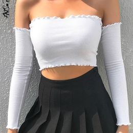 Long Sleeve Top Corset Women Off Shoulder T-Shirt Year White Crop Fall Winter Sexy Solid Tees Streetwear Y2K Clothes 220321