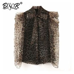 Women chic leopard bow tie collar blouse Organza lantern sleeve office wear female shirt see through top blusas 210326