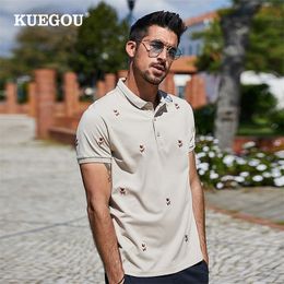 KUEGOU Men s Polo Shirt Summer Bear Embroidery Fashion Extension High Quality Polos short sleeves Apricot Top Plus Size AT 7370 220705