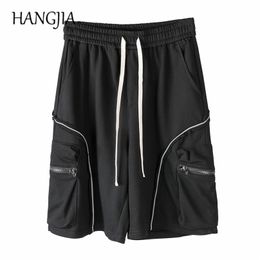 Black Cargo Sweat Shorts High Street Side Zip Reflective Sweatpants Men Summer Loose Casual Cotton Male 220622