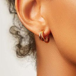 Hoop & Huggie Small Double Earrings For Women Stainless Steel Gold Color Half C Circle Minimalist ElegantHoop