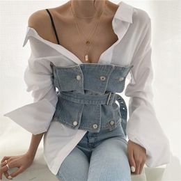 TVVOVVIN New Autumn Chic Small Sexy Personality Lapel Stripe Shirt Belt Tube Top Cowboy Women Two Piece Outfits B772 201201