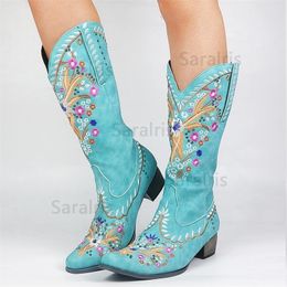 SARAIRIS Fashion Mixed Colour Kneehigh Great Quality Women Shoes Plus Size 43 Embroider Western Boots Comfy Walking Corral 220813