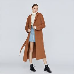 Toyouth Loose Warm Wool Blends Long Winter Coat Turn-down Collar Adjustable Belt Wool Coats Women Office Work Wear legant Coat 201215
